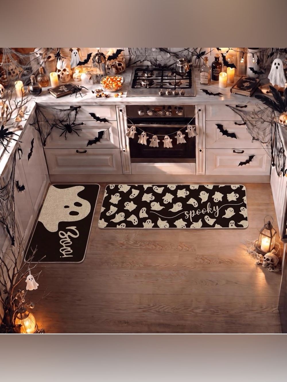 Spooky Ghost Non-Slip Kitchen Rug Set - Black and Cream